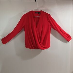 DKNY Women's Medium Petite Red V-Neckline Long Sleeves Wrap Blouse